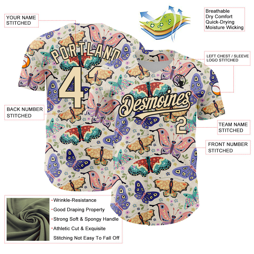 Custom Cream Black 3D Pattern Design Animal Butterfly Authentic Baseball Jersey