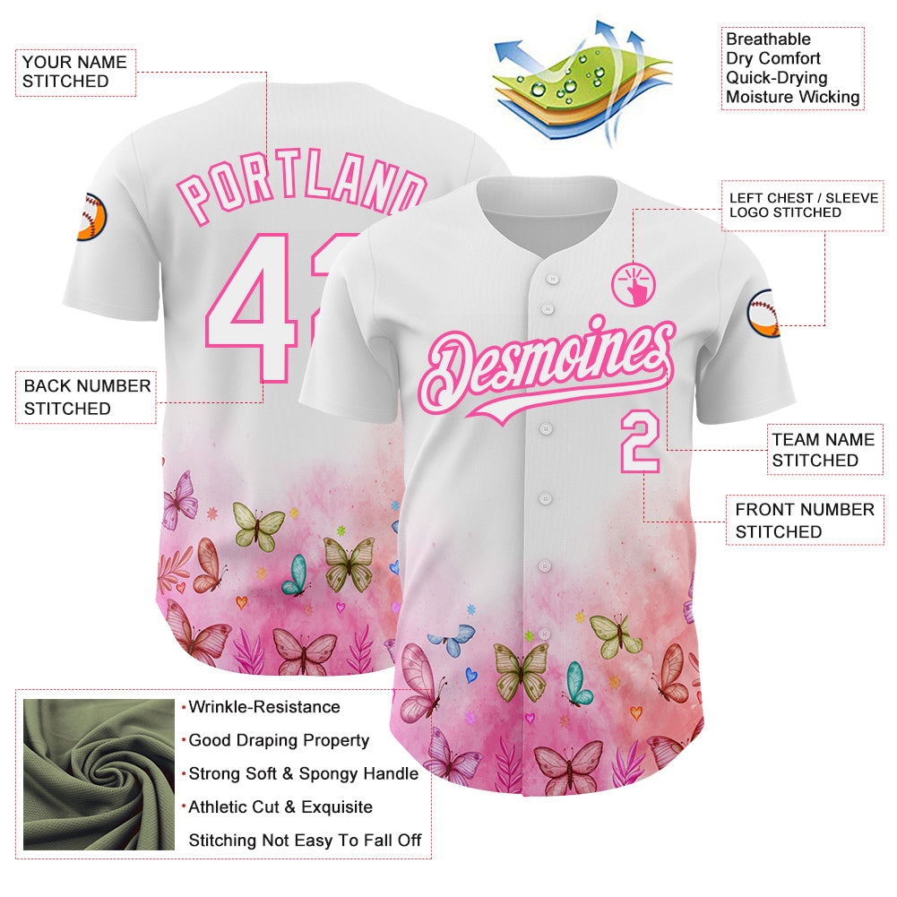 Custom White Pink 3D Pattern Design Animal Butterfly Authentic Baseball Jersey