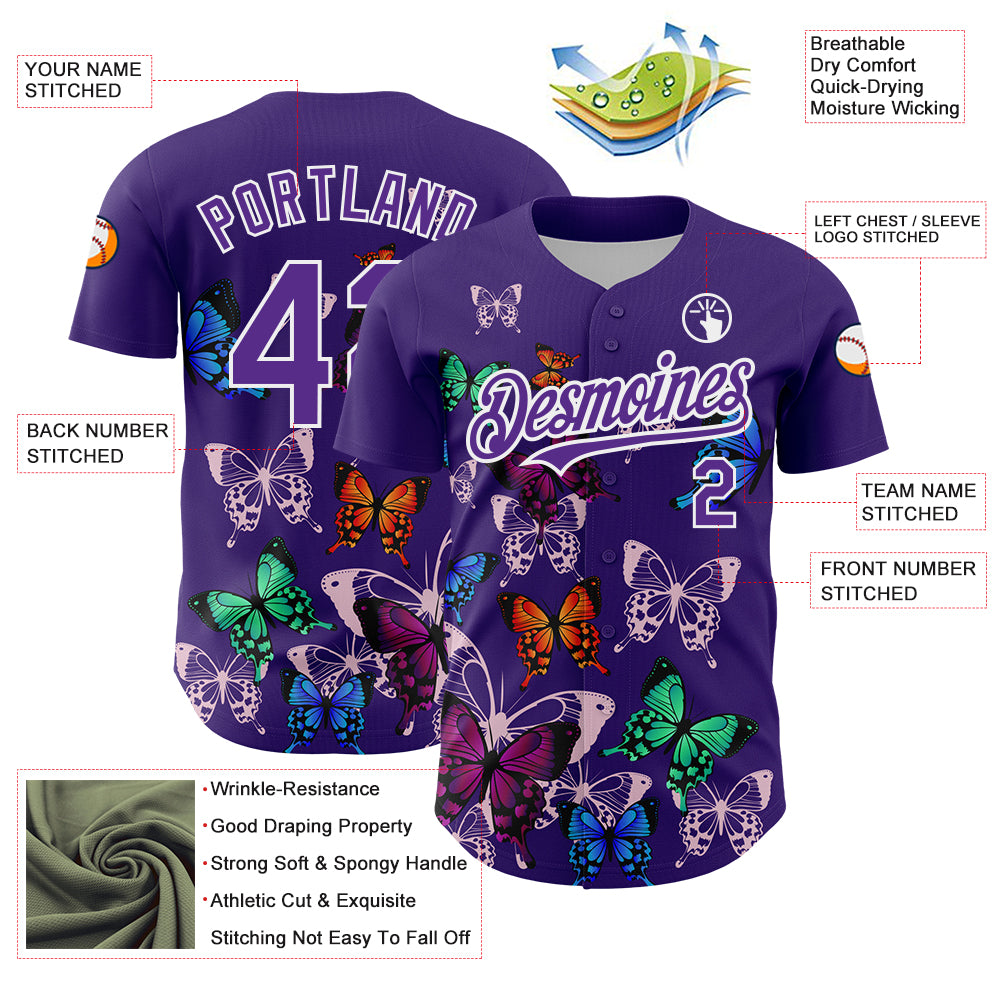 Custom Purple White 3D Pattern Design Animal Butterfly Authentic Baseball Jersey