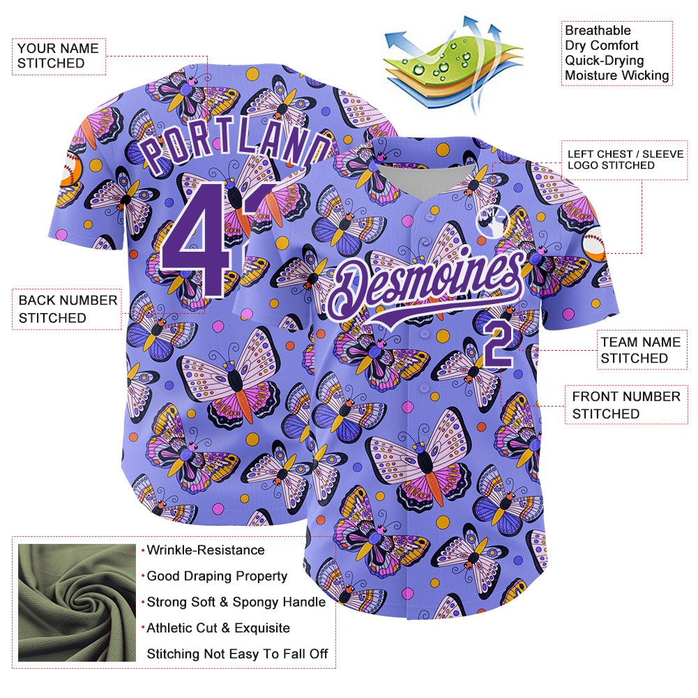 Custom Medium Purple Purple-White 3D Pattern Design Animal Butterfly Authentic Baseball Jersey