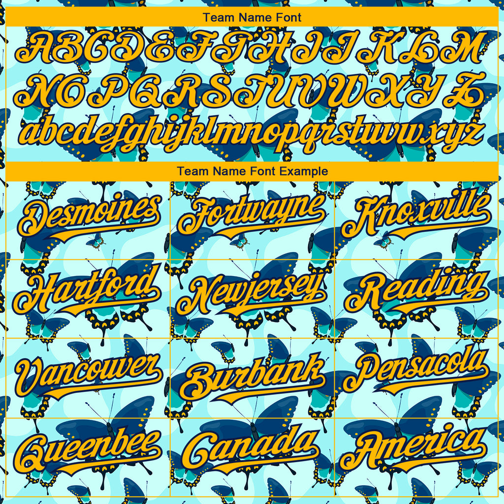 Custom Ice Blue Gold-Navy 3D Pattern Design Animal Butterfly Authentic Baseball Jersey