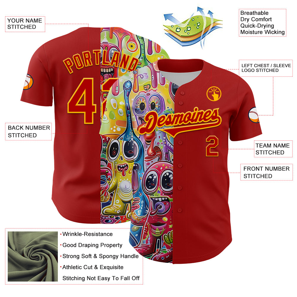 Custom Red Gold 3D Pattern Design Rave Funny Monster Authentic Baseball Jersey