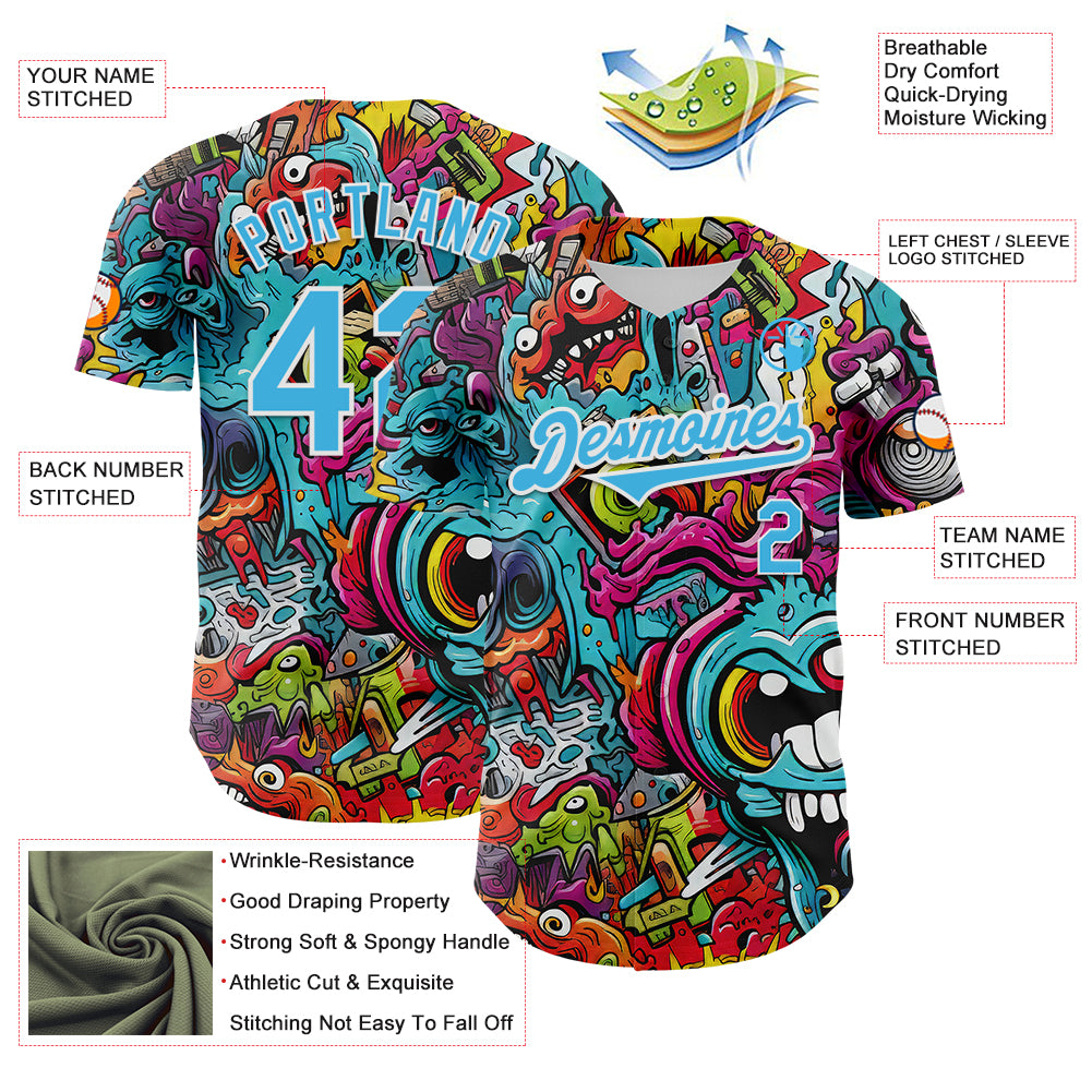 Custom White Sky Blue 3D Pattern Design Rave Psychedelic Authentic Baseball Jersey