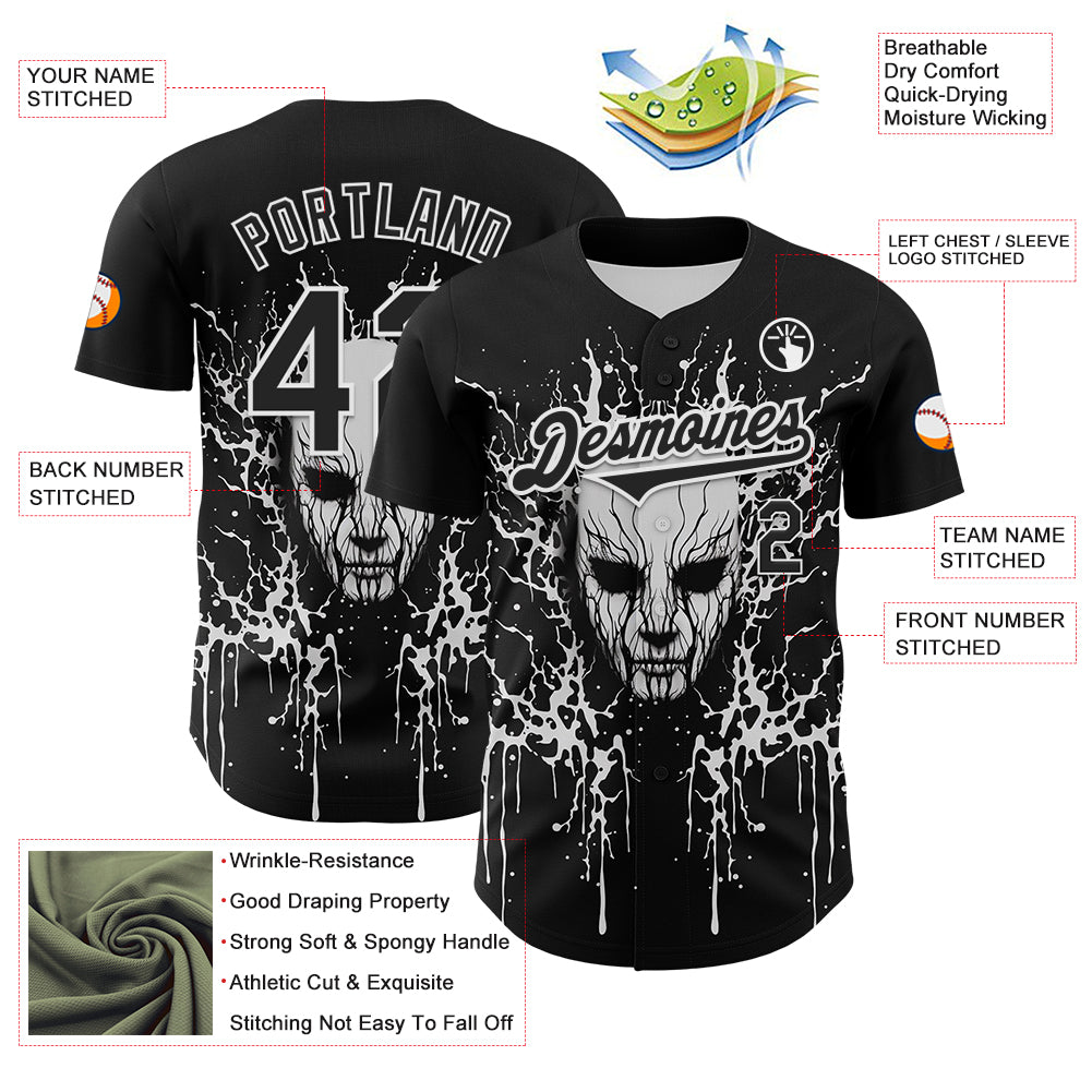 Custom Black White 3D Pattern Design Rave Skull Authentic Baseball Jersey