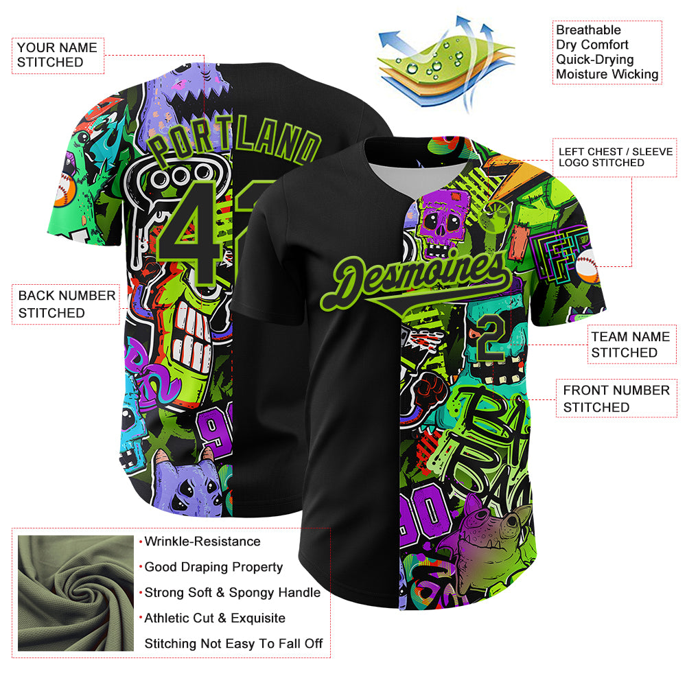Custom Black Neon Green 3D Pattern Design Rave Monster Authentic Baseball Jersey