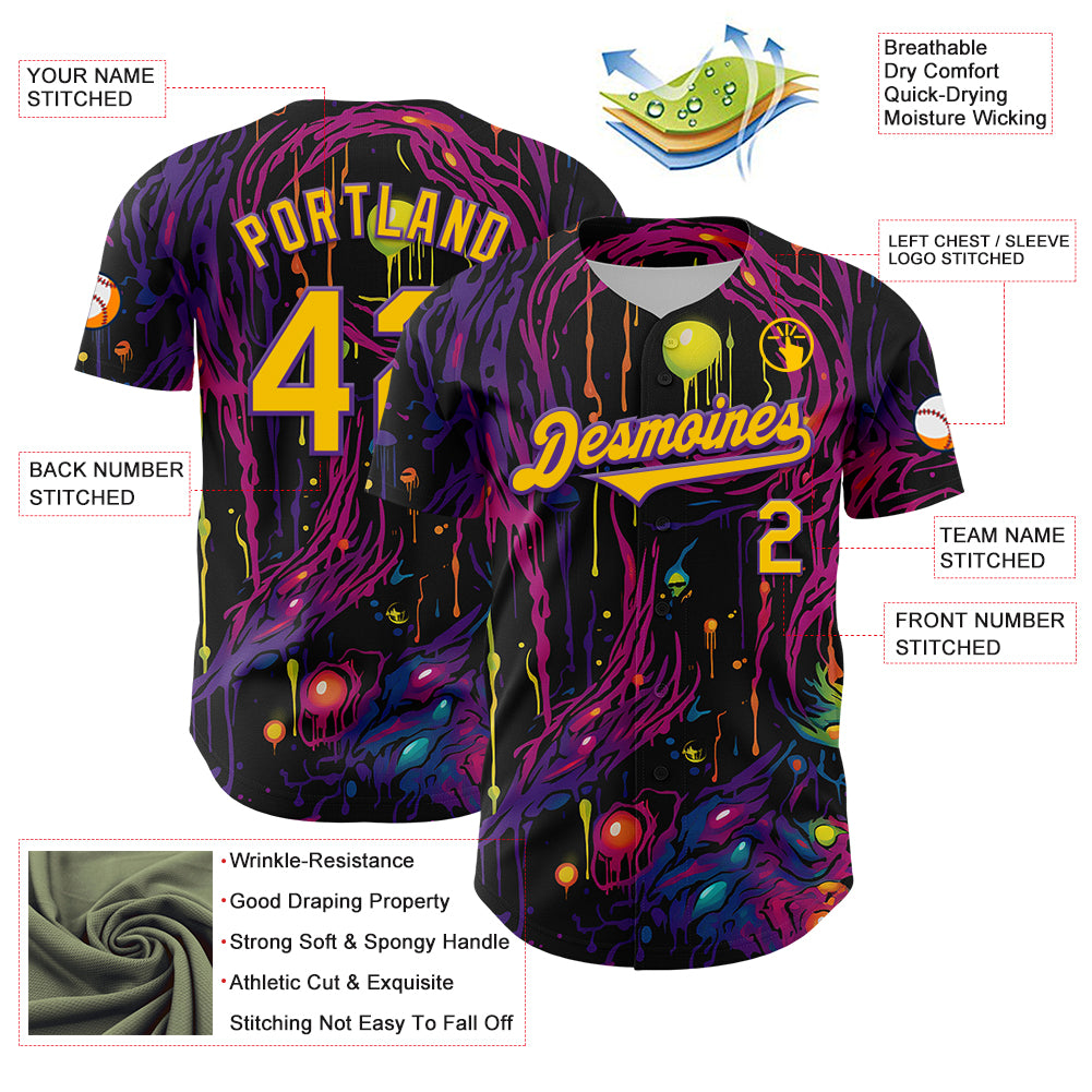 Custom Black Yellow-Purple 3D Pattern Design Rave Tree With Eye Authentic Baseball Jersey