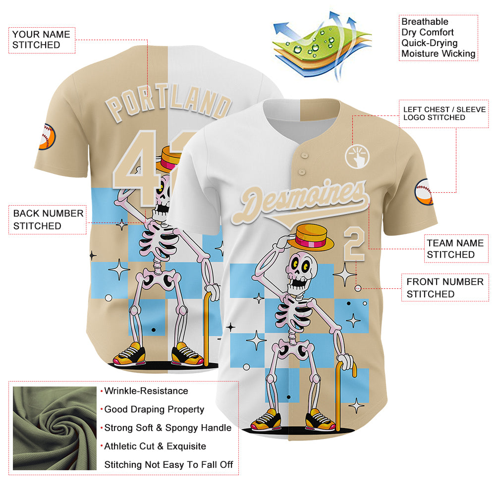 Custom City Cream White 3D Pattern Design Rave Skeleton Authentic Baseball Jersey