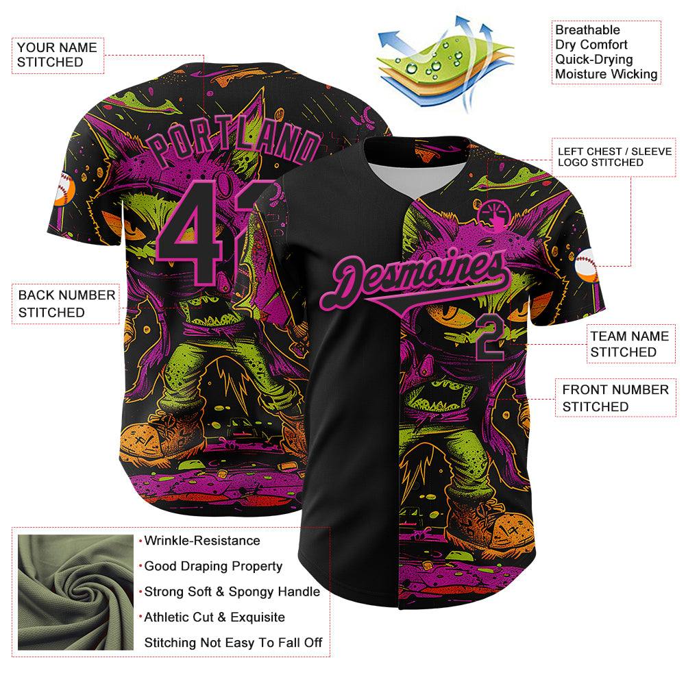 Custom Black Deep Pink 3D Pattern Design Rave Monster Authentic Baseball Jersey