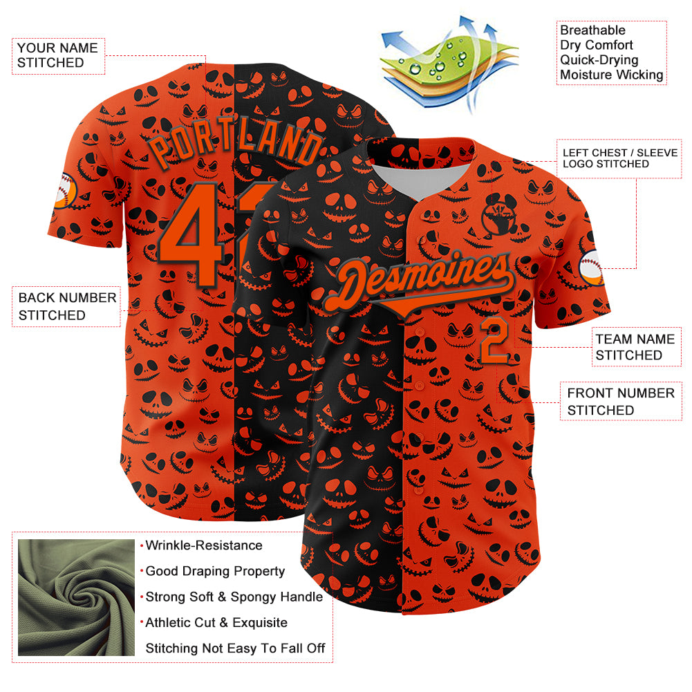 Custom Orange Black 3D Pattern Design Rave Halloween Pumpkin Authentic Baseball Jersey