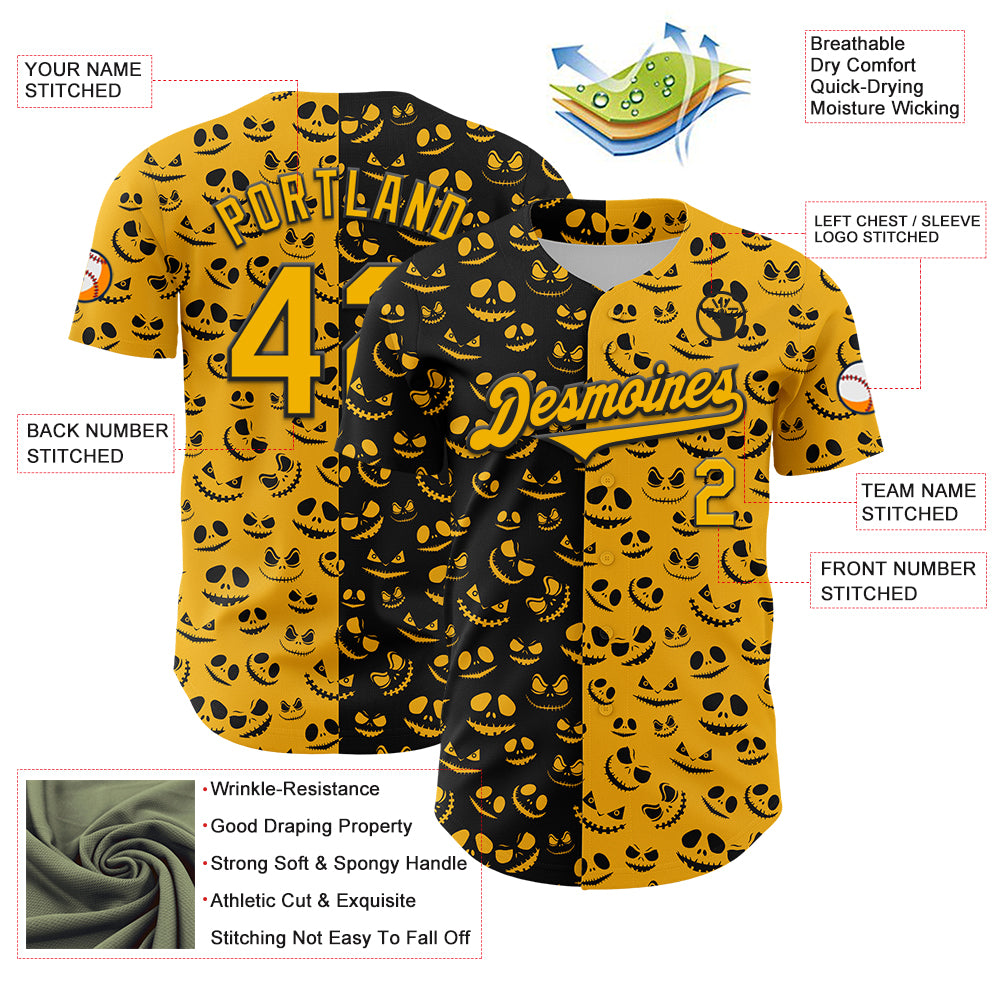 Custom Gold Black 3D Pattern Design Rave Halloween Pumpkin Authentic Baseball Jersey