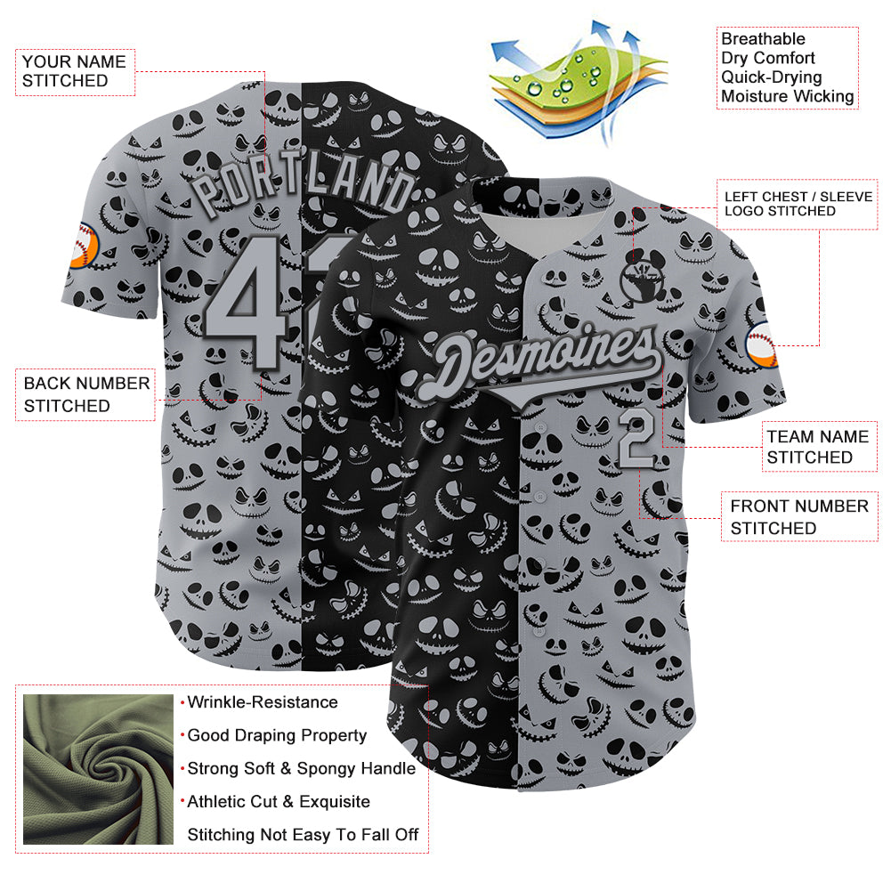 Custom Gray Black 3D Pattern Design Rave Halloween Pumpkin Authentic Baseball Jersey