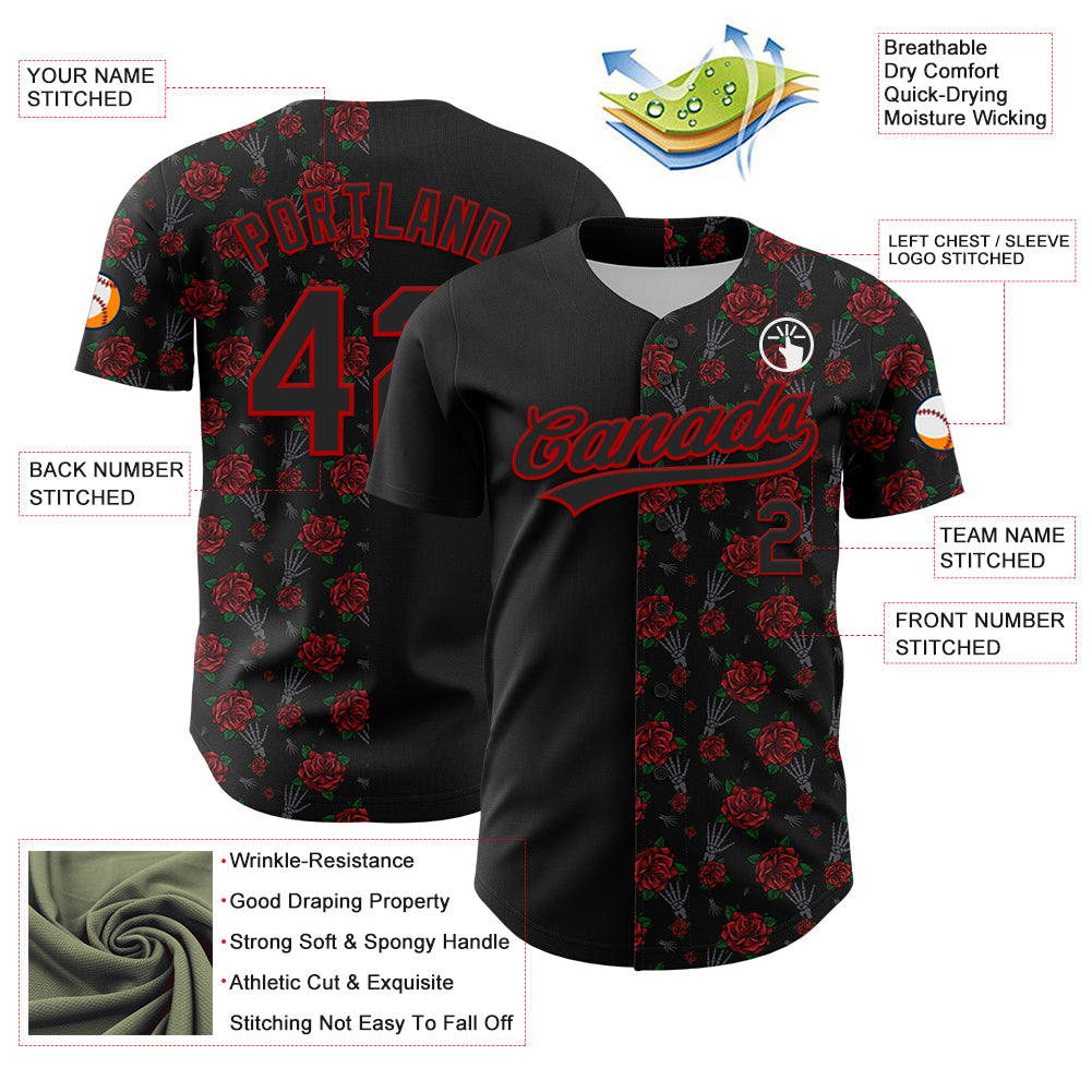 Custom Black Red 3D Pattern Design Gothic Style Rose Authentic Baseball Jersey