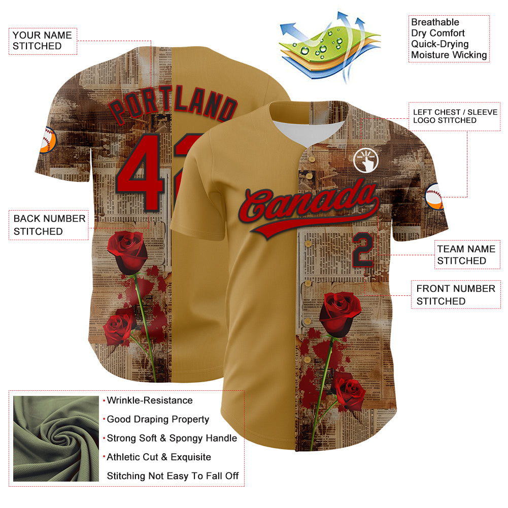 Custom Old Gold Red-Black 3D Pattern Design Gothic Style Rose Authentic Baseball Jersey