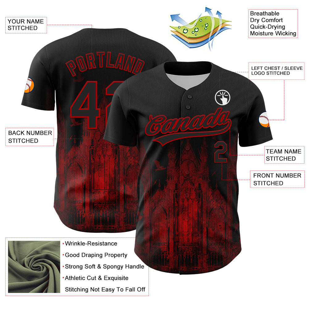 Custom Black Red 3D Pattern Design Palace Gothic Style Church Authentic Baseball Jersey