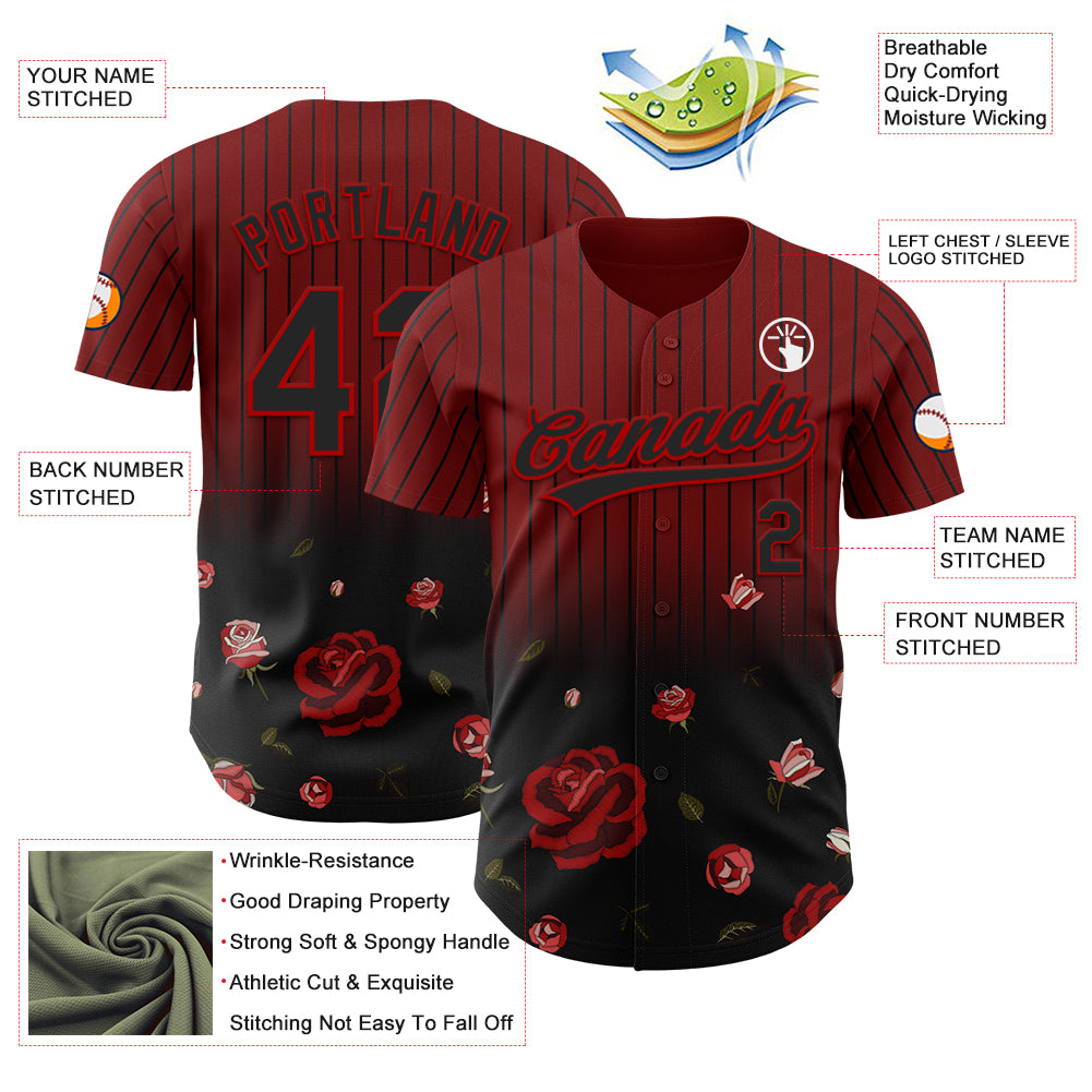 Custom Crimson Black-Red 3D Pattern Design Gothic Style Rose Authentic Baseball Jersey