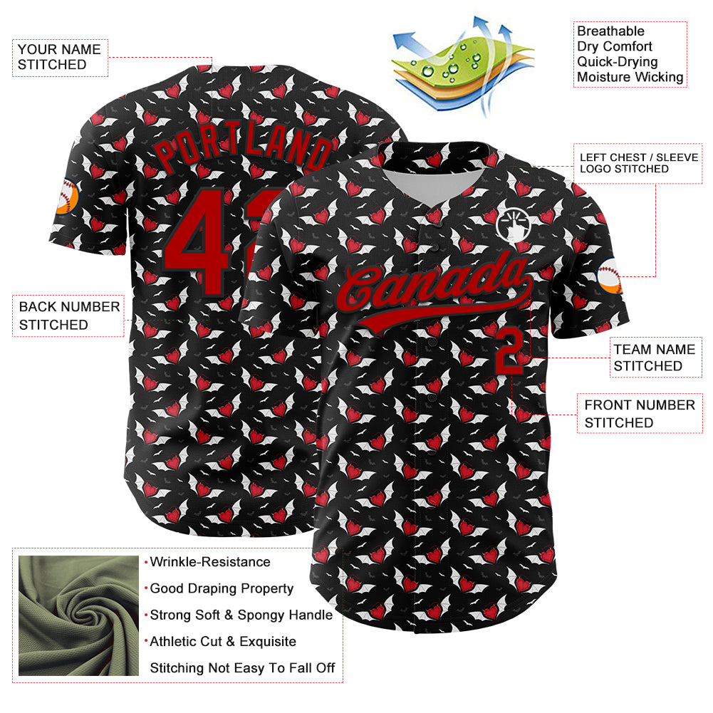 Custom Black Red 3D Pattern Design Gothic Style Devil Heart Authentic Baseball Jersey