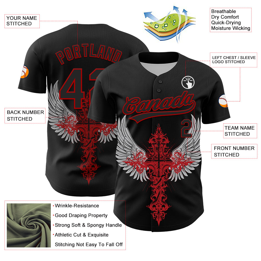 Custom Black Red 3D Pattern Design Gothic Style Cross With Wings Authentic Baseball Jersey