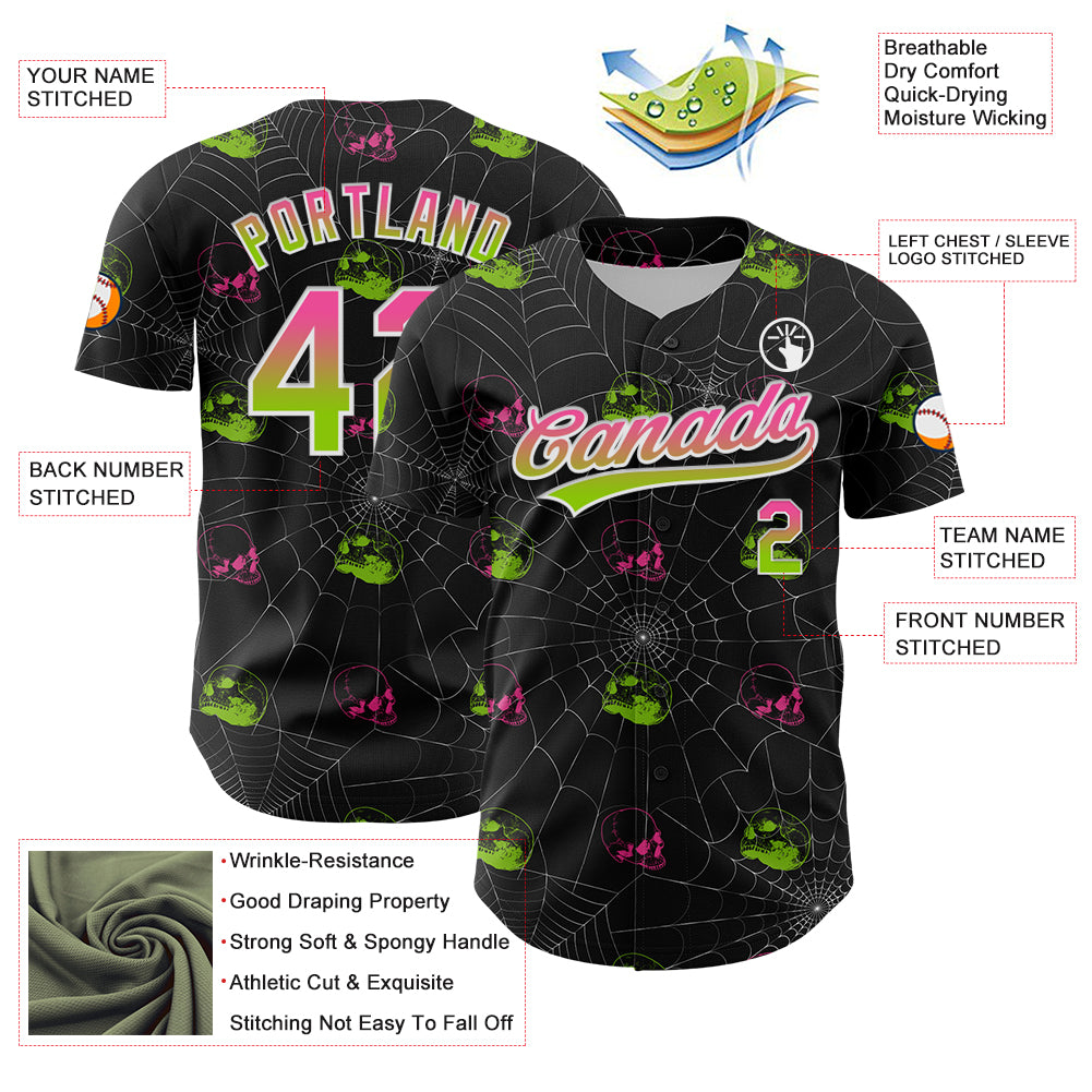 Custom Black Pink-Neon Green 3D Gothic Style Fluorescence Skull Authentic Baseball Jersey