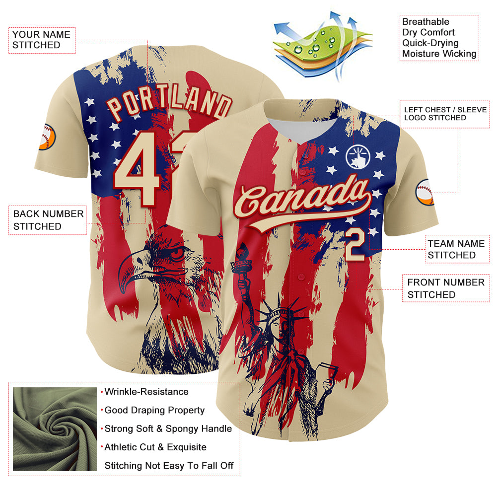 Custom Cream Red-Royal 3D Pattern Design American Spirit American Eagle And Stars Authentic Baseball Jersey