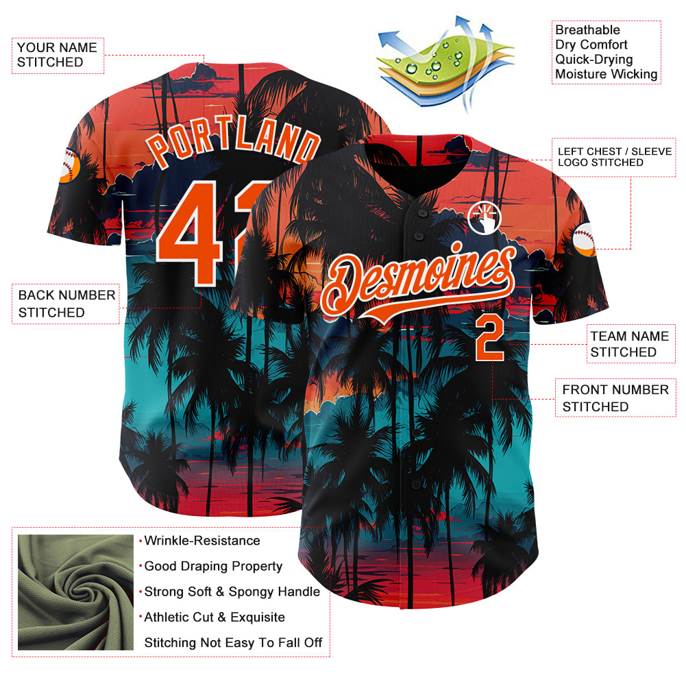 Custom Black Orange-White 3D Pattern Design Tropical Hawaii Palms Trees Authentic Baseball Jersey