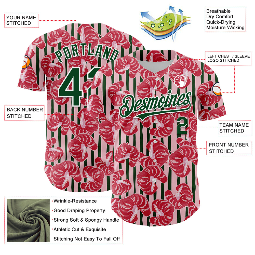 Custom Medium Pink Green-White 3D Pattern Design Tropical Anthurium Flower Authentic Baseball Jersey