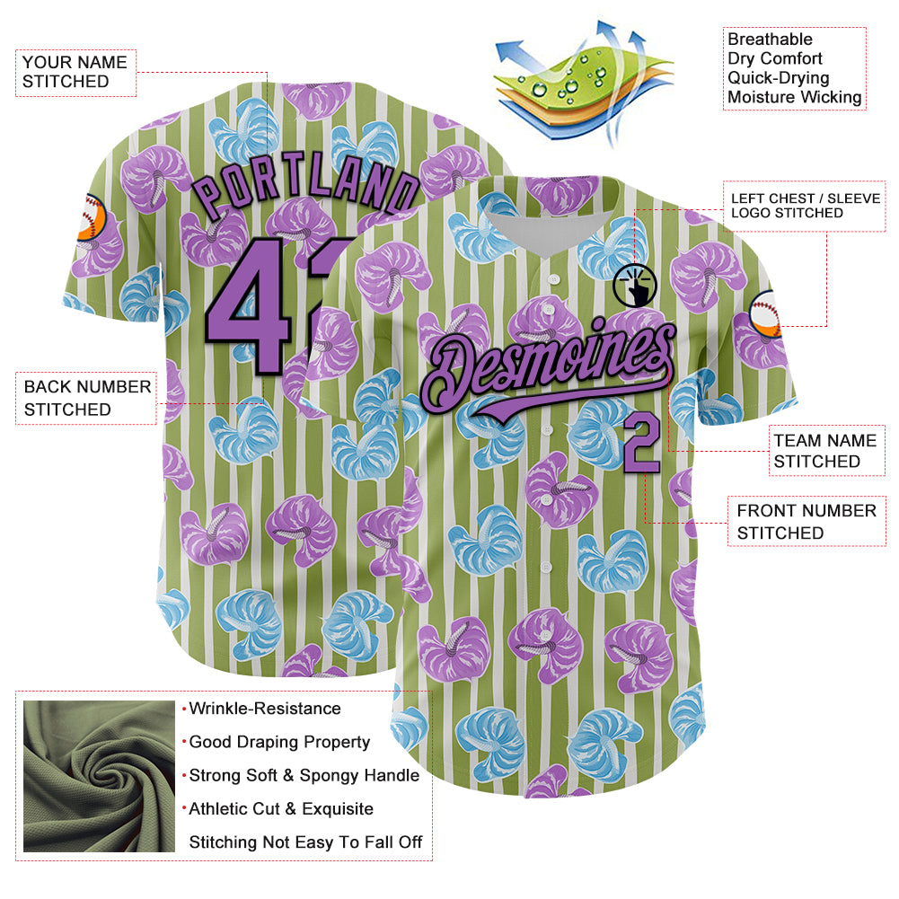 Custom Olive Medium Purple-Black 3D Pattern Design Tropical Anthurium Flower Authentic Baseball Jersey