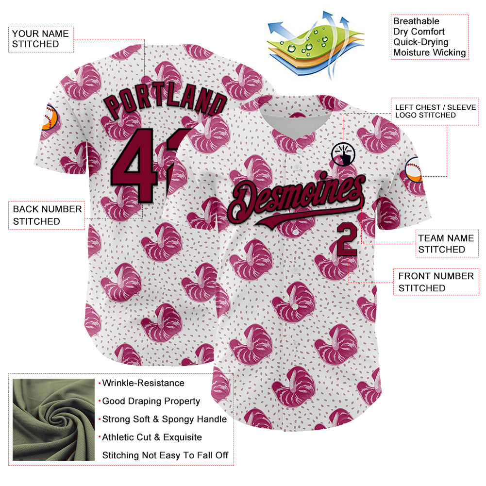 Custom White Maroon-Black 3D Pattern Design Tropical Anthurium Flower Authentic Baseball Jersey