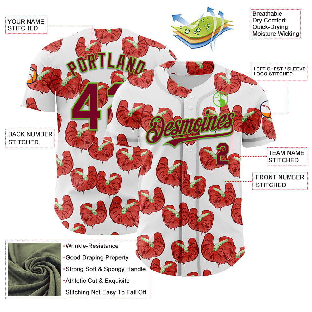 Custom White Maroon-Aurora Green 3D Pattern Design Tropical Anthurium Flower Authentic Baseball Jersey