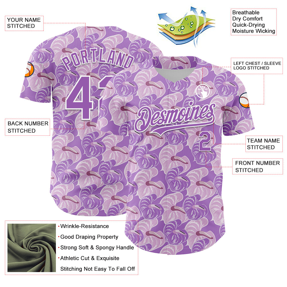 Custom Light Purple White 3D Pattern Design Tropical Anthurium Flower Authentic Baseball Jersey