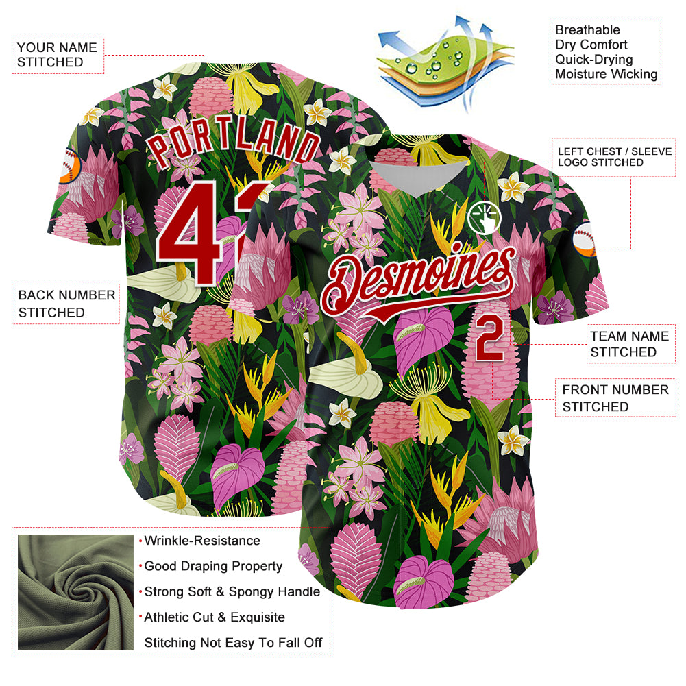 Custom Kelly Green Red-White 3D Pattern Design Tropical Anthurium Flower Authentic Baseball Jersey