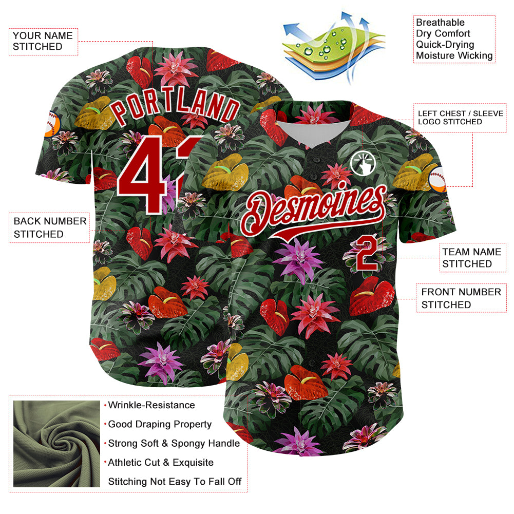 Custom Kelly Green Red-White 3D Pattern Design Tropical Anthurium Flower Authentic Baseball Jersey