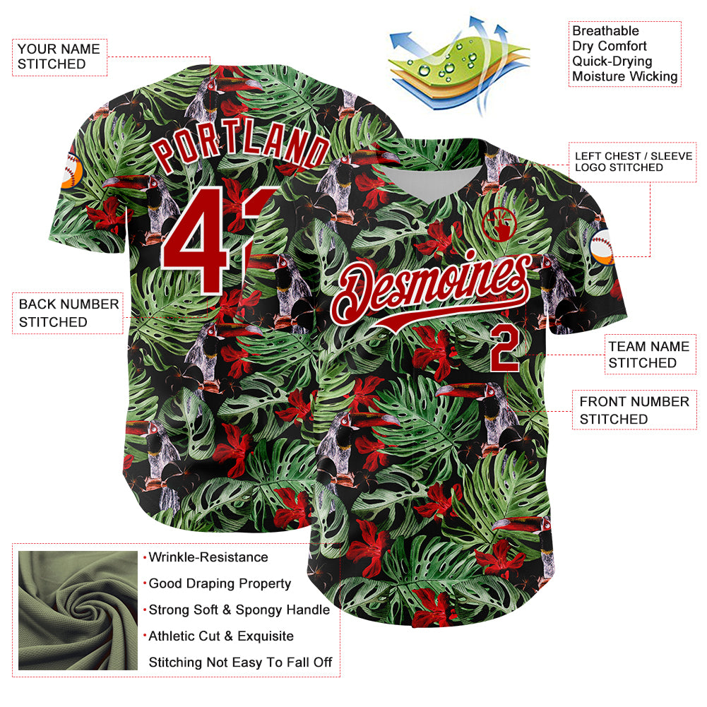 Custom Black Red-White 3D Pattern Design Tropical Plant And Bird Authentic Baseball Jersey