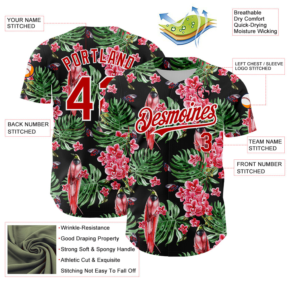 Custom Black Red-White 3D Pattern Design Tropical Plant And Bird Authentic Baseball Jersey