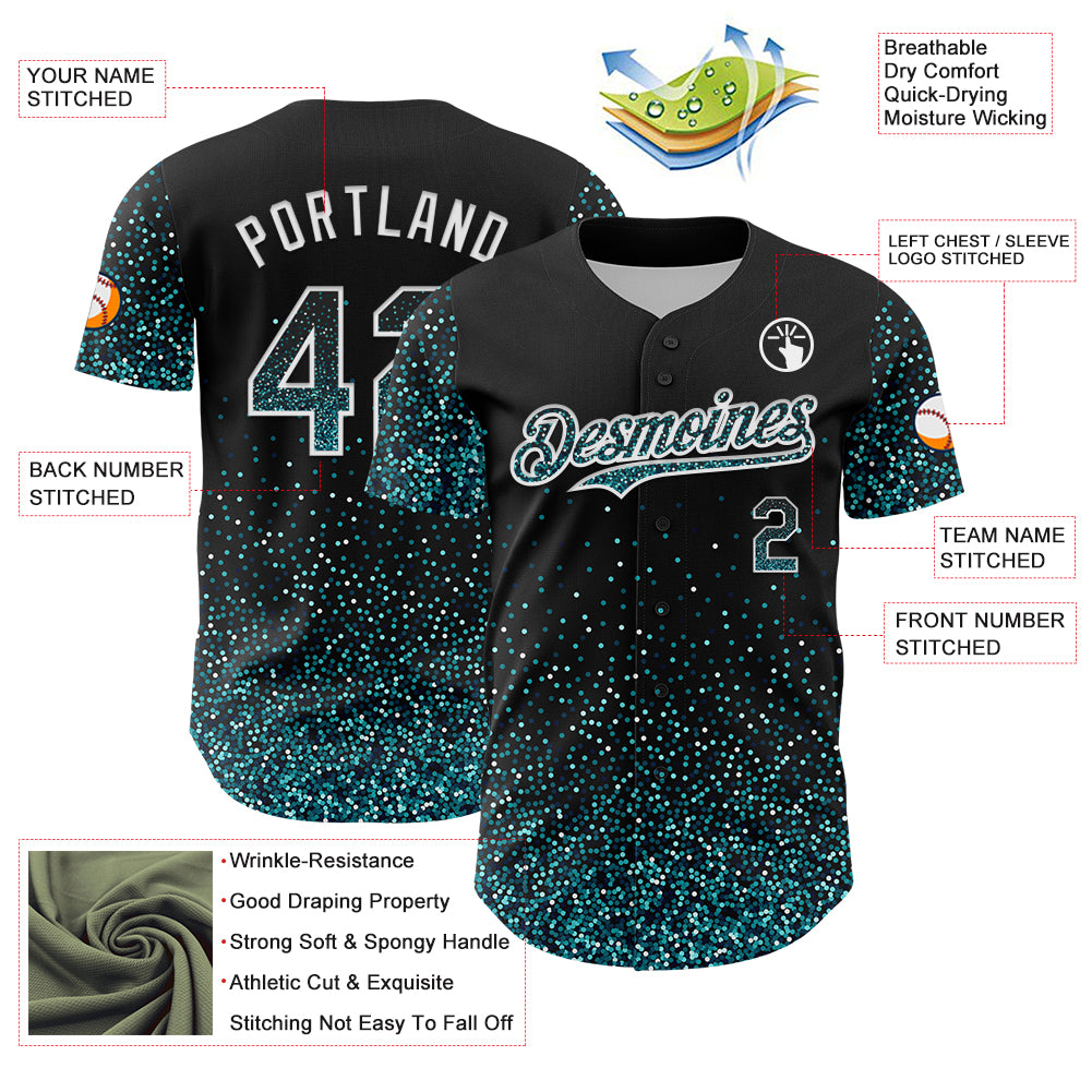 Custom Black Teal-White 3D Pattern Design Abstract Colorful Glittering Dot Authentic Baseball Jersey