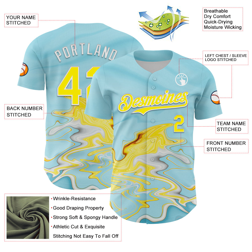 Custom Ice Blue Light Yellow-White 3D Pattern Design Abstract Liquid Fluid Art Authentic Baseball Jersey