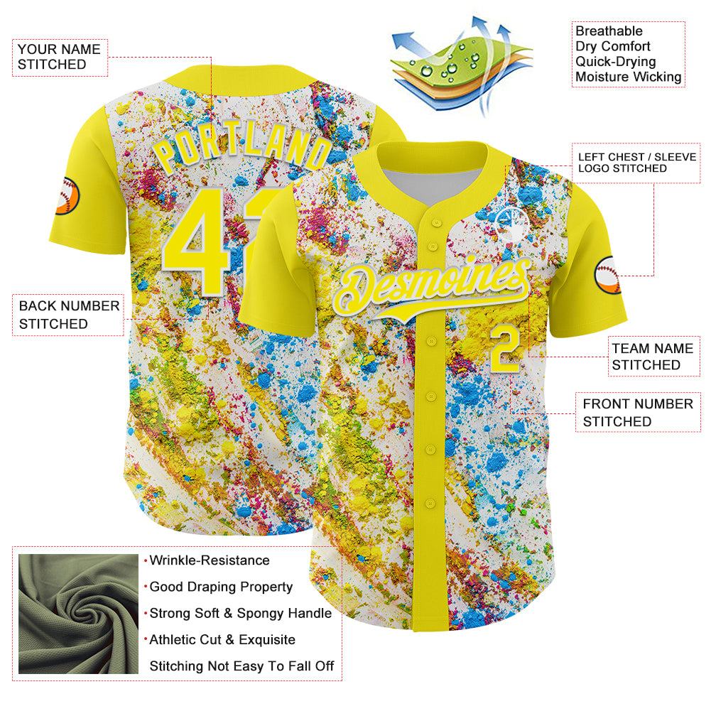 Custom Light Yellow White 3D Pattern Design Abstract Splatter Art Authentic Baseball Jersey