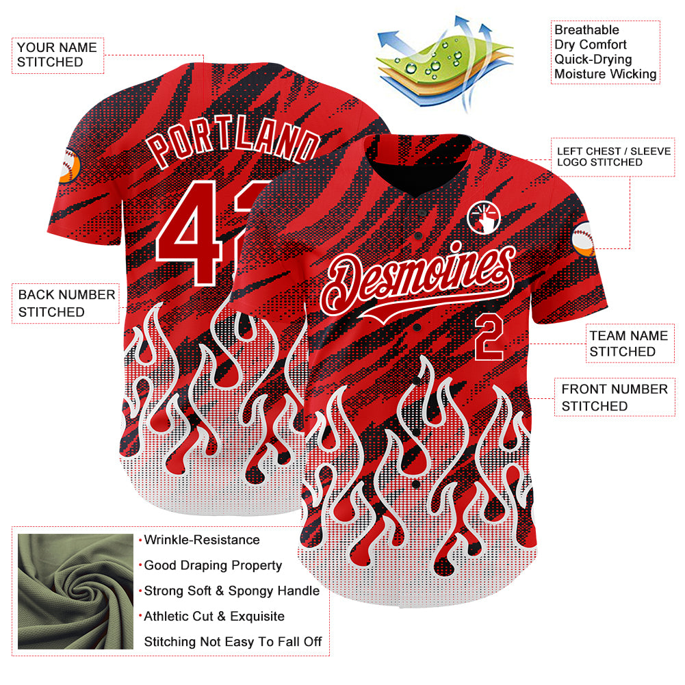 Custom Red Black-White 3D Pattern Design Flame Authentic Baseball Jersey