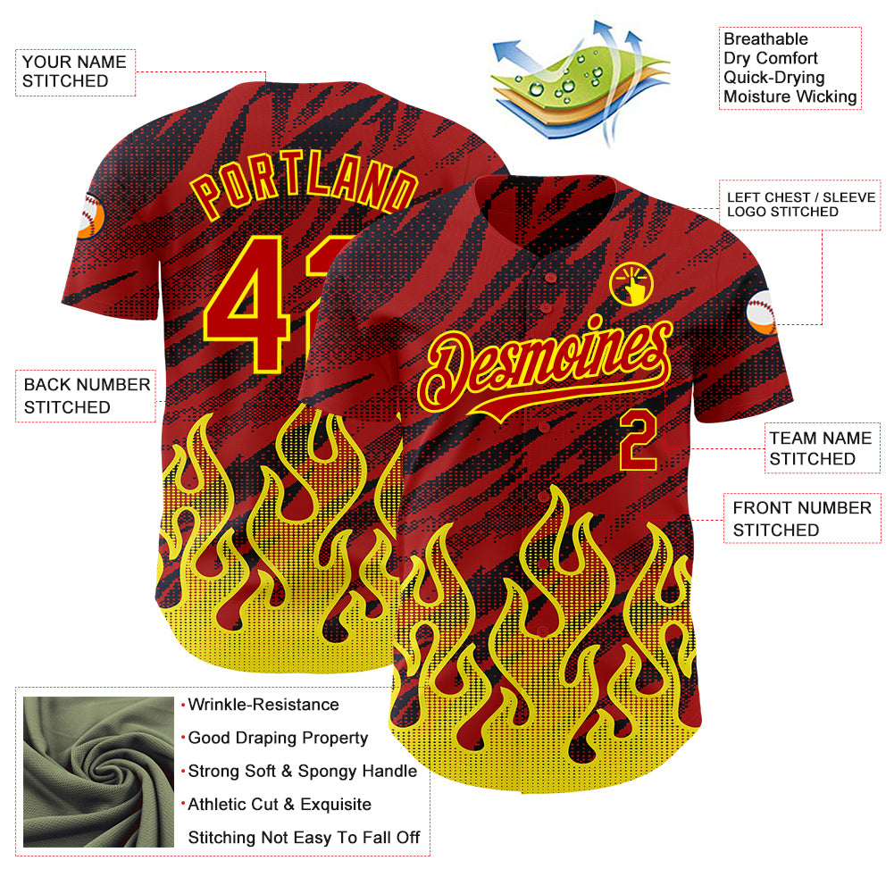 Custom Red Black-Light Yellow 3D Pattern Design Flame Authentic Baseball Jersey