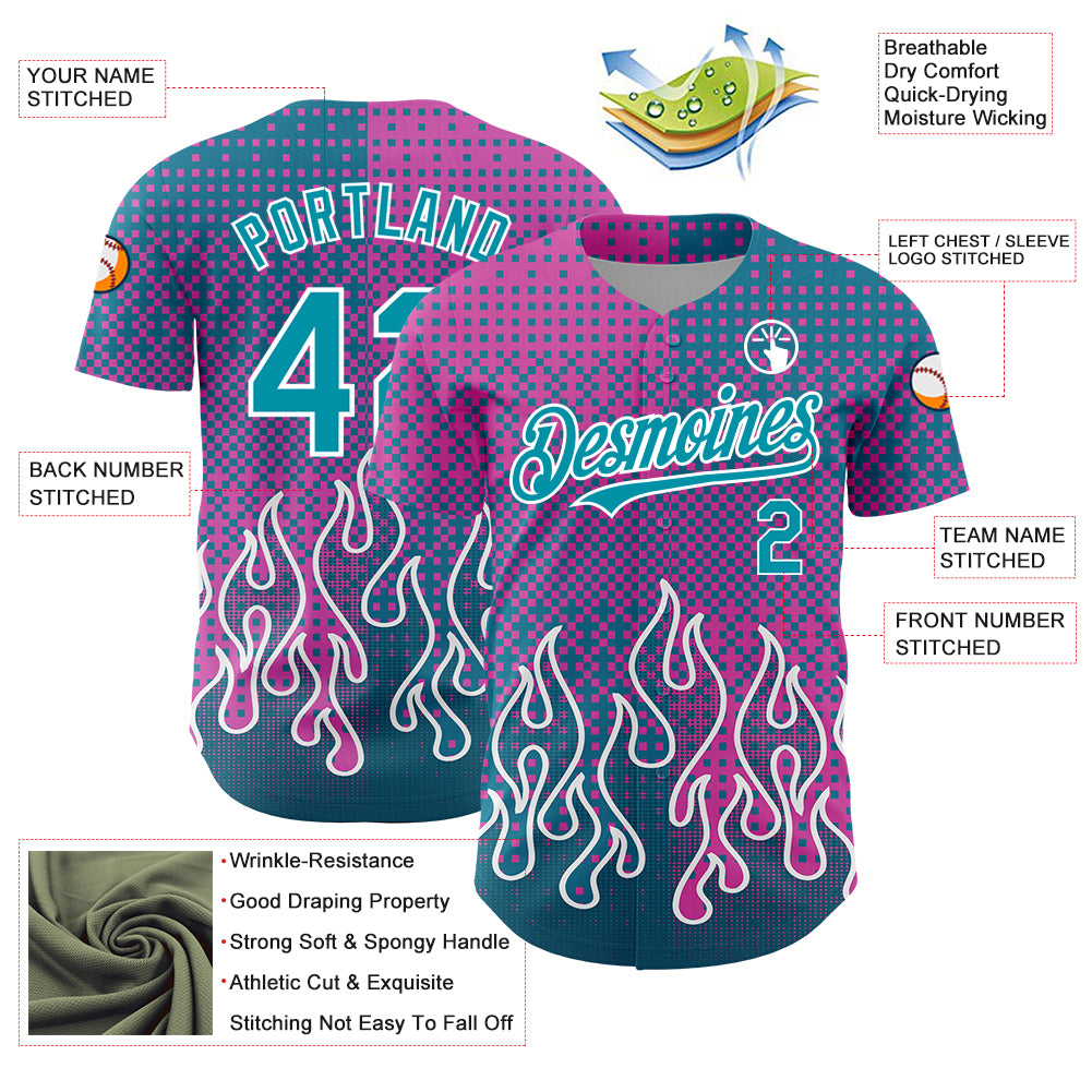 Custom Pink Teal-White 3D Pattern Design Flame Authentic Baseball Jersey