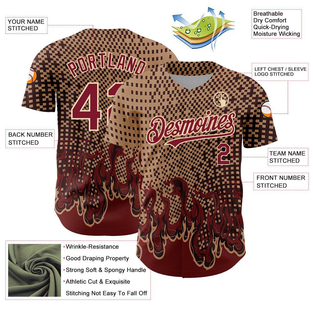 Custom Old Gold Crimson-City Cream 3D Pattern Design Flame Authentic Baseball Jersey