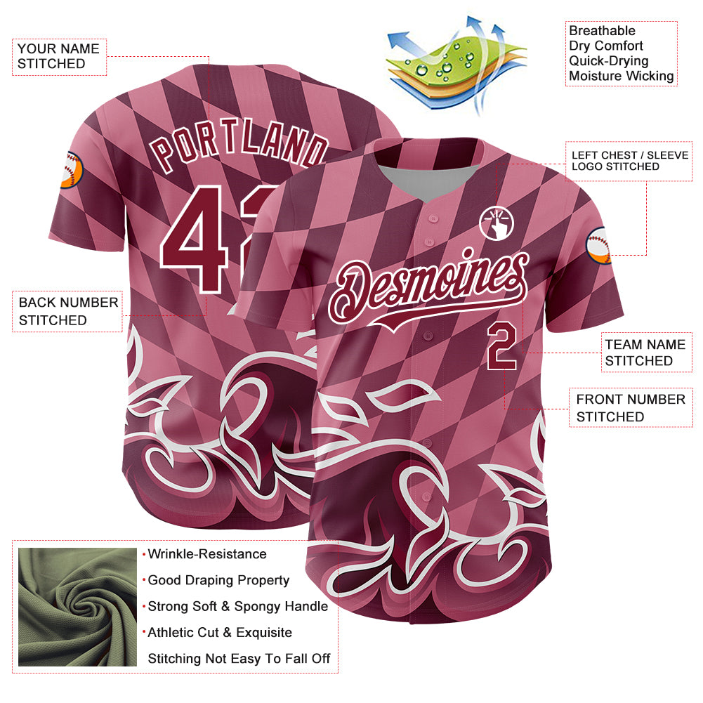 Custom Light Pink Crimson-White 3D Pattern Design Flame Authentic Baseball Jersey