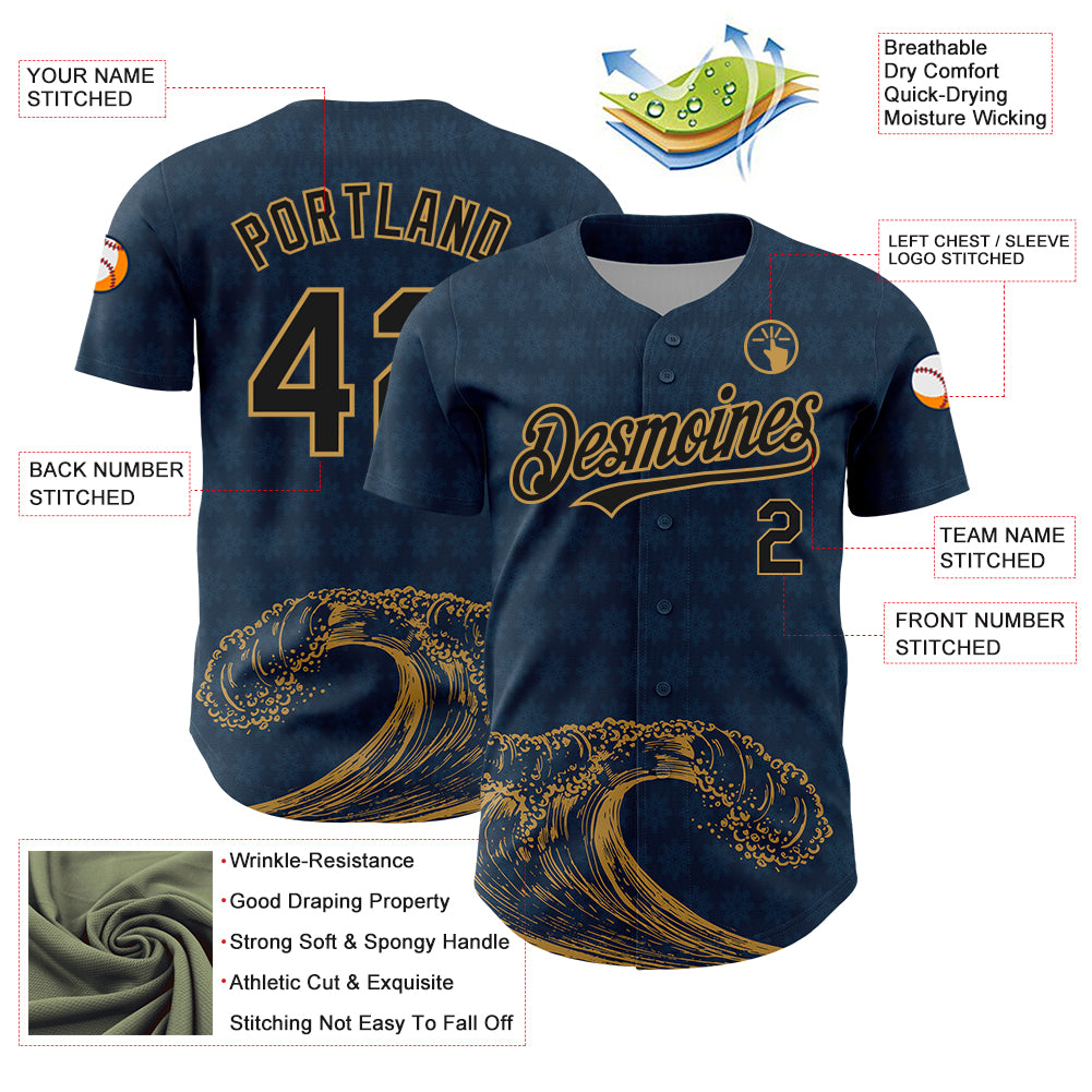 Custom US Navy Blue Black-Old Gold 3D Pattern Design Wave Authentic Baseball Jersey