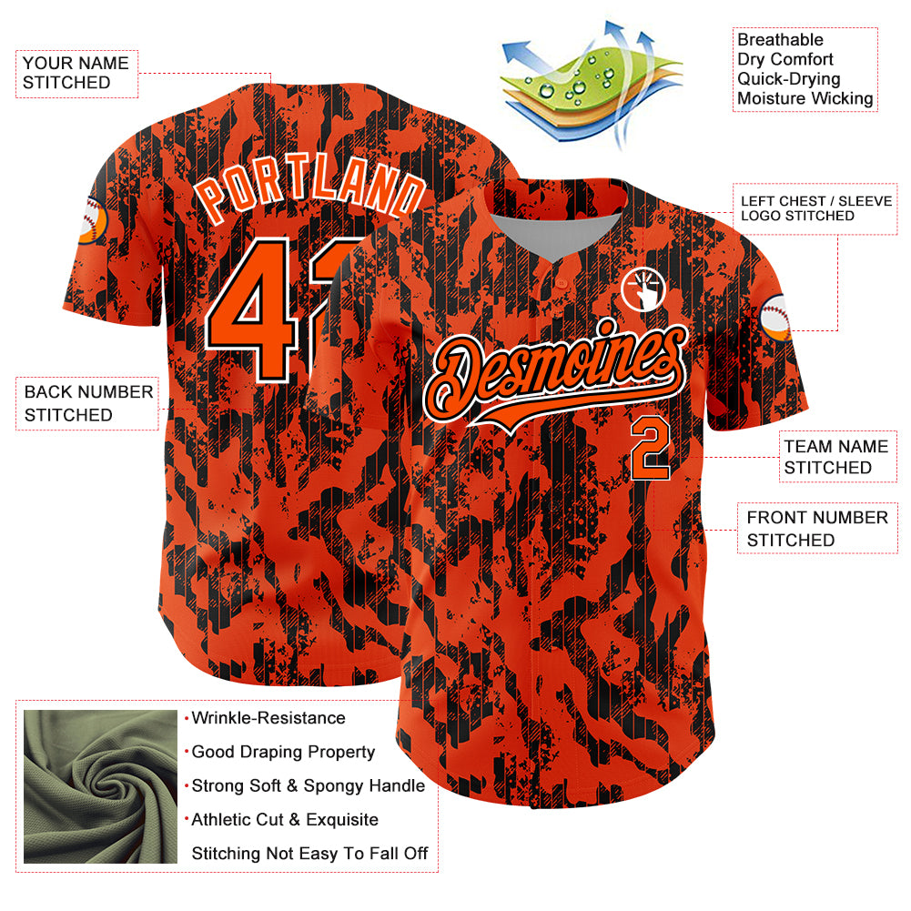 Custom Orange Black-White 3D Pattern Design Abstract Fluid Authentic Baseball Jersey