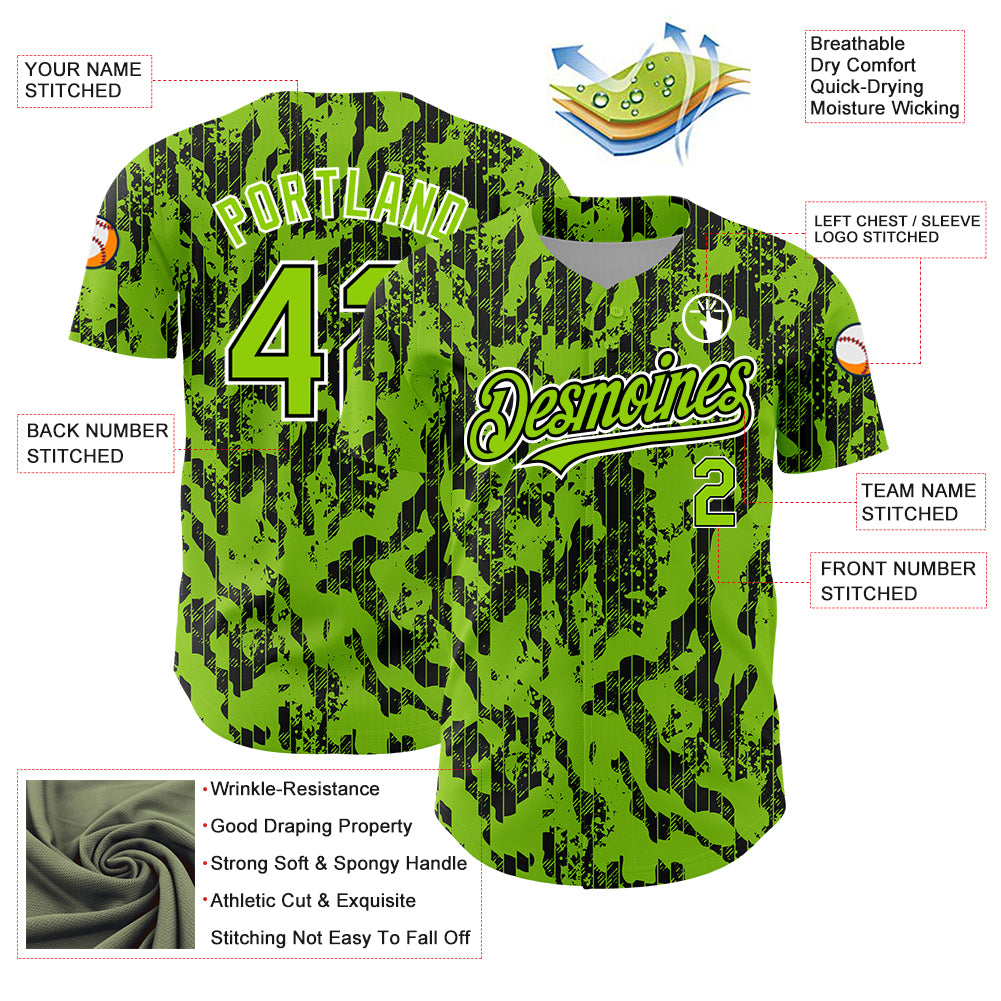 Custom Neon Green Black-White 3D Pattern Design Abstract Fluid Authentic Baseball Jersey