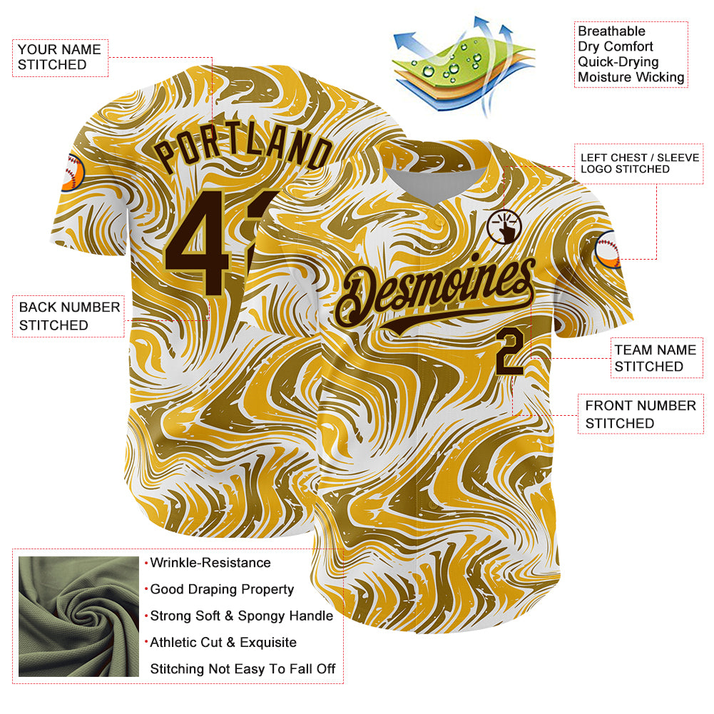 Custom Yellow Brown-Old Gold 3D Pattern Design Abstract Fluid Authentic Baseball Jersey