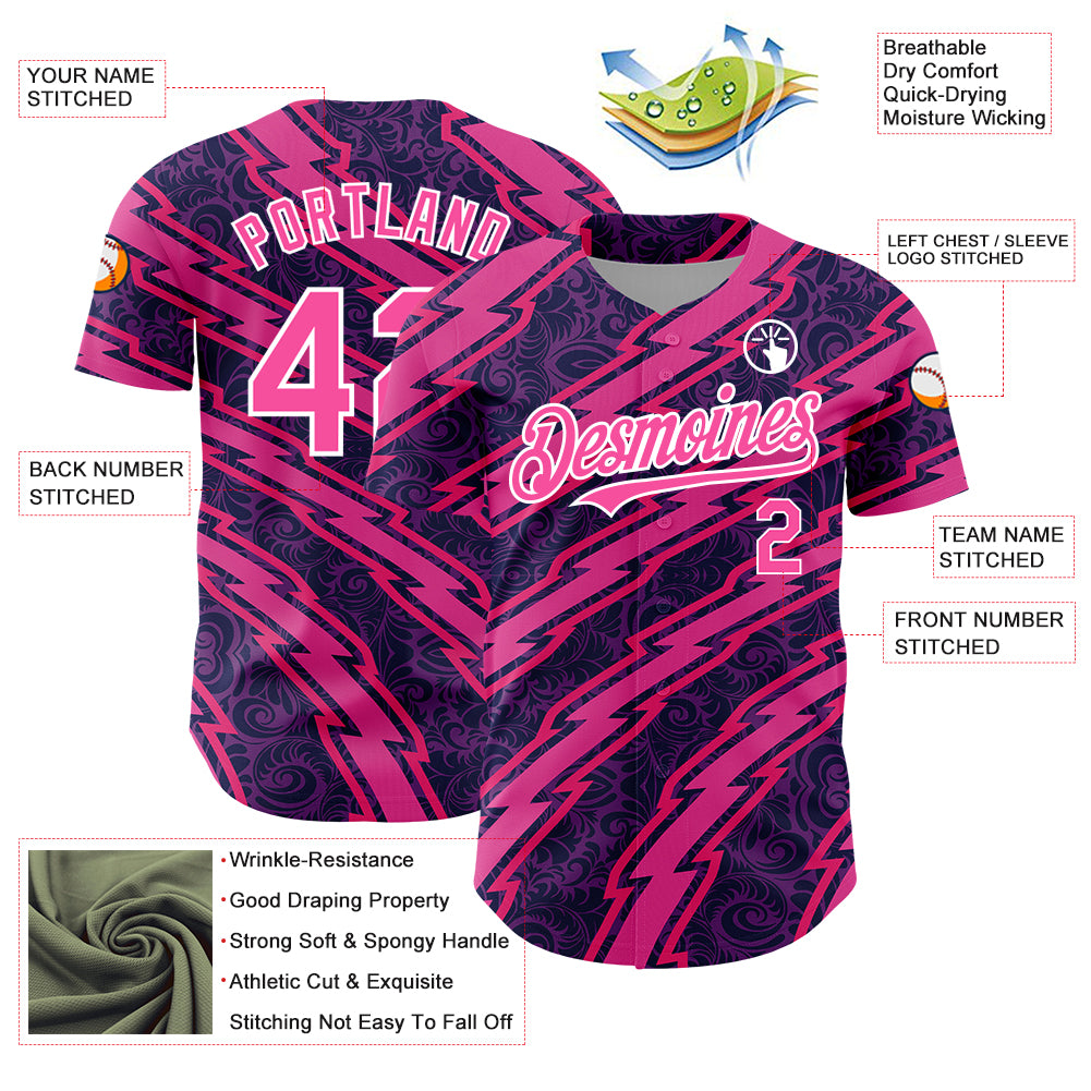 Custom Purple Pink-White 3D Pattern Design Zigzag Authentic Baseball Jersey