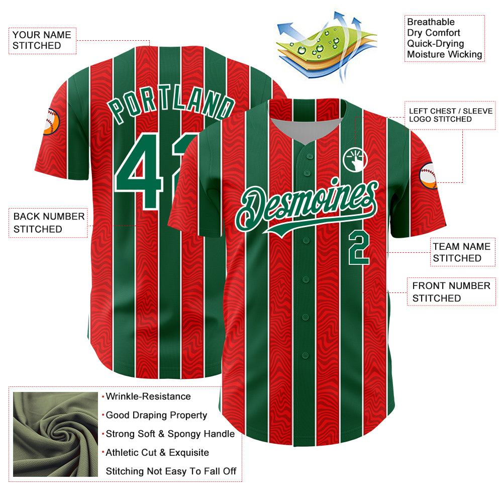 Custom Red Kelly Green-White 3D Pattern Design Stripe Authentic Baseball Jersey