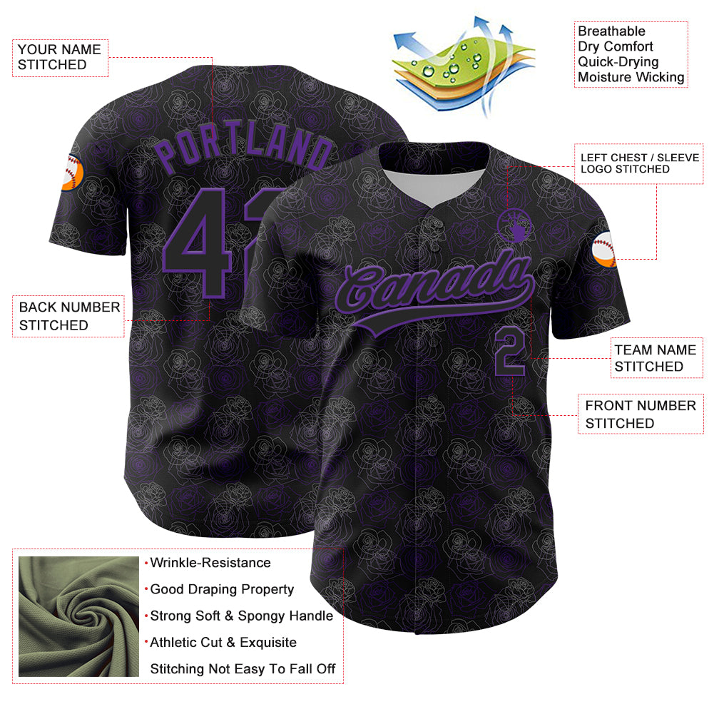 Custom Black Purple 3D Pattern Design Gothic Style Rose Authentic Baseball Jersey