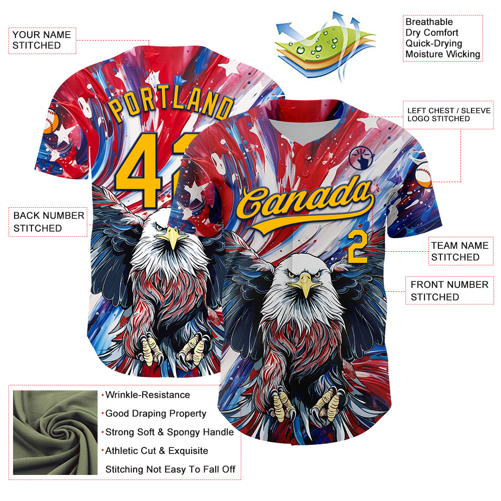 Custom Red Gold-Navy 3D American Flag Eagle And Star Authentic Baseball Jersey