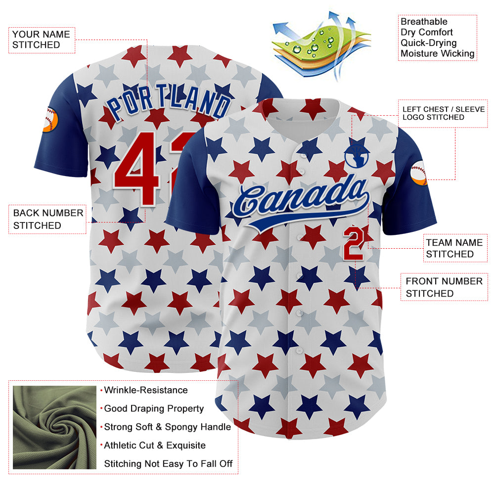 Custom White Red-Royal 3D Pattern Design Star Authentic Baseball Jersey